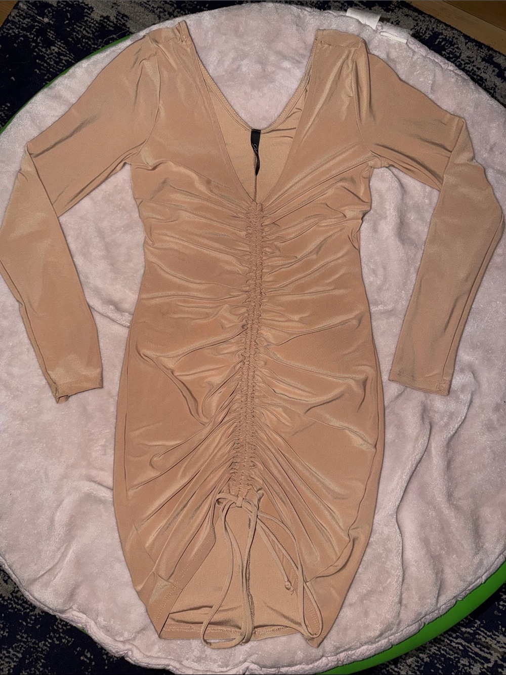 Ruched V-Neck Long-Sleeve Mini Dress in Beige